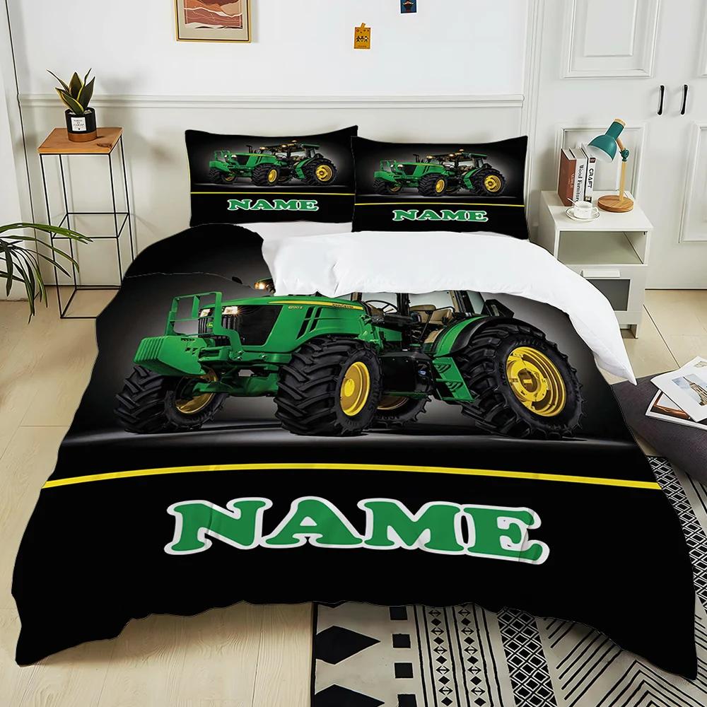 New! Personalized Custom Name Retro Tractor Pattern Printed Bed 3-piece Set Children Adult Soft Bedding Christmas Halloween Gift
