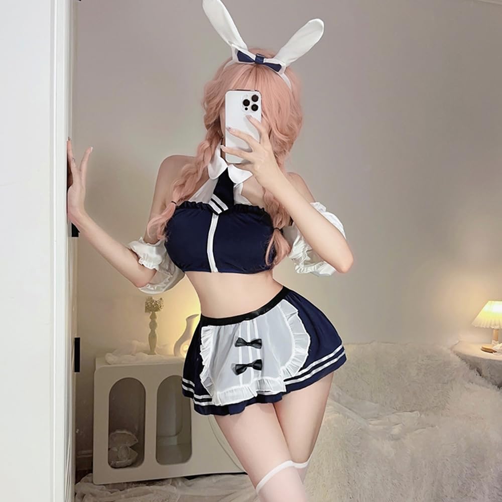 Bunny Girl Maid Clothes Apron School Swimsuit Blue Open Chest Sexy Cosplay Reverse Bunny Open Back Extremely Sexy Erotic Baby Doll Cute Headband