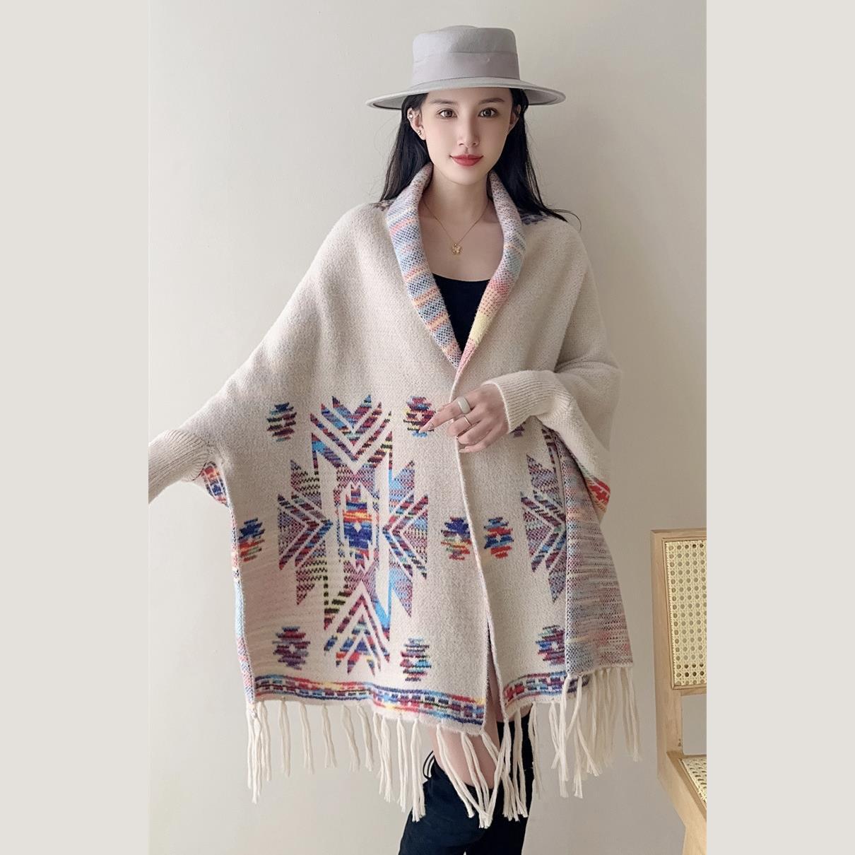 

803 #Осенняя шаль в стиле ретро Этническая вязаная накидка Шаль Кардиган Фото Кейп для путешествий Кондиционер One Size бежевый