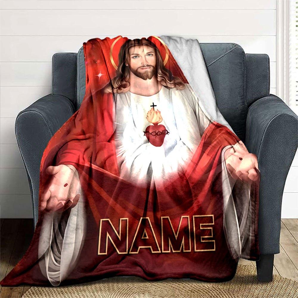Jesus With Sacred Heart Home Customize Your Name Blankets Comfortable Soft Lightweight Versatile Blanket For All Seasons Perfect For Picnics Sofa