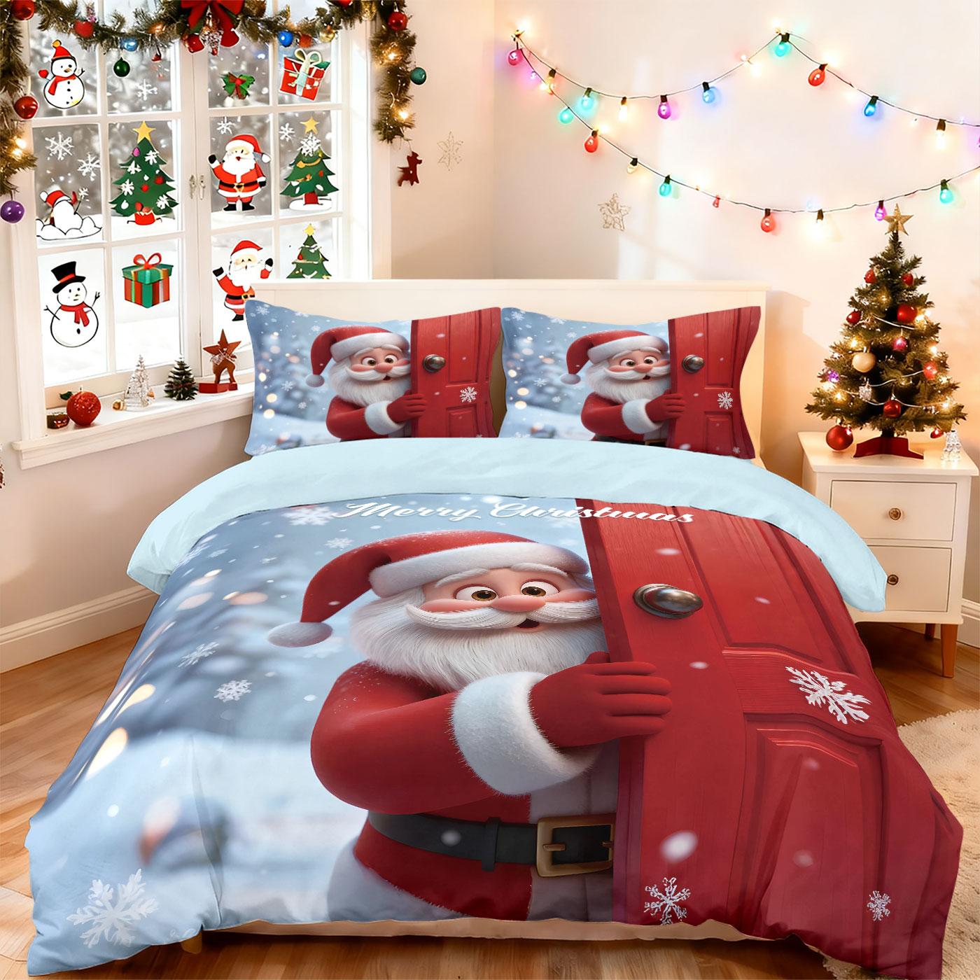 

3Pcs Cartoon Santa Claus Printed Coreless Duvet Set, Multi Size Bedroom Bedding, Holiday Decoration, Machine Washable 135x200cm-EU-Single&set