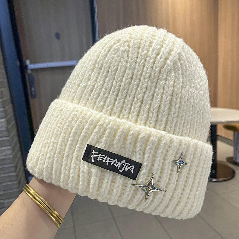 Letter knitted hat women's autumn and winter versatile big head circumference warm ear protection wool hat showing face small hat thickened