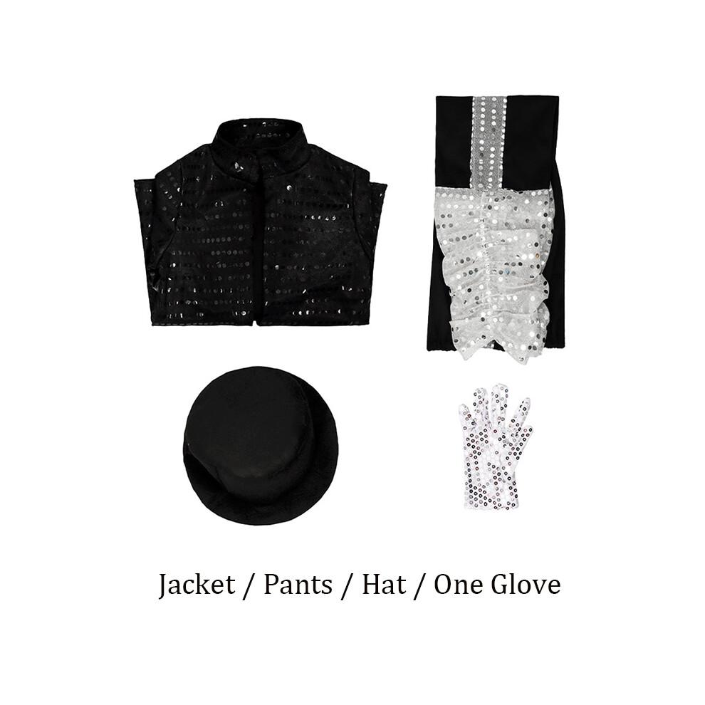 (Altura 115-125cm) Niño Michael Jackson Billie Jean Traje Negro Baile Disco Halloween Disfraz de Fiesta Rey del Pop de los 80 Disfraz para Niños