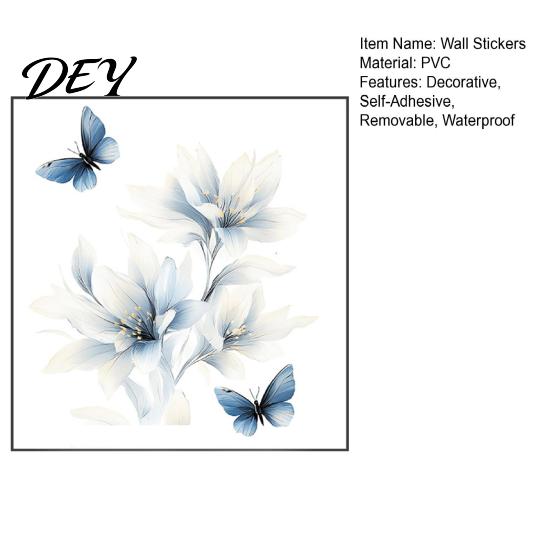 Large Floral Murals for Cream Toned Walls Ink-Washed Blue Wall Stickers with Butterflies, Delicate Lily Peel And Stick Decals Living Room Bedroom