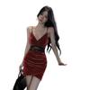 Velvet Spicy Girl Deep V Low-Cut Camisole Dress with Chest Pads - Irregular Hem, Waist-Cinching, Slim-Fit, Hip-Hugging Design