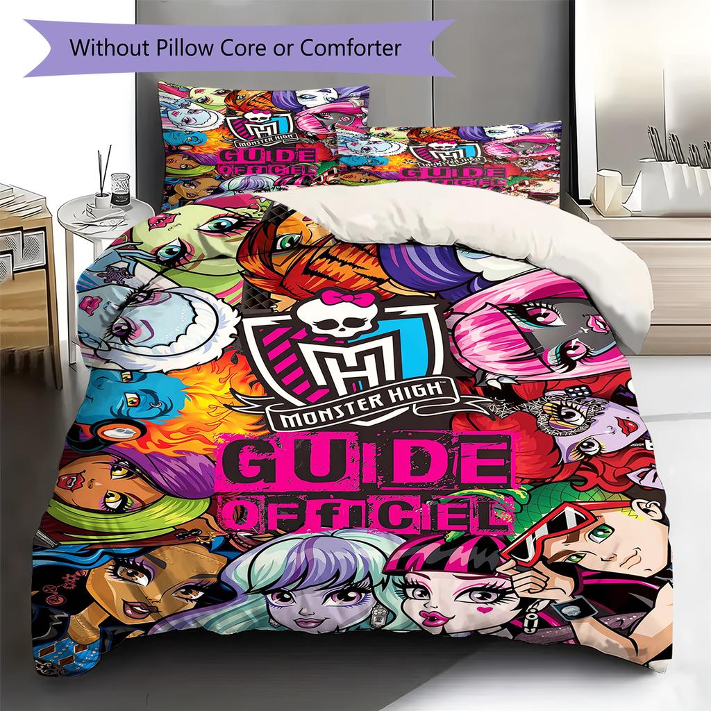 Ropa de cama con estampado Monster High Juego de colcha Funda de colcha Funda de almohada Decoración del hogar Regalo de cumpleaños (1 * funda nórdica + 2 * fundas de almohada, sin núcleo)