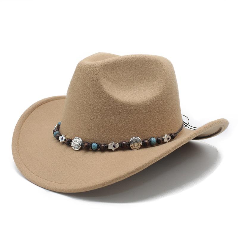 Западная ковбойская шляпа Шляпа из фетра Этнический стиль Мужчины и женщины Тибетская тибетская Шляпа с загнутыми краями M（56-59cm） верблюд