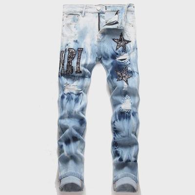 AM Punk Retro Stretch Slim Fit Casual Hole Print Skinny Jeans