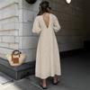 French Style Cotton Linen V Neck Backless Puff Sleeve Dress Spring Summer Long Dress For Women Elegant Casual