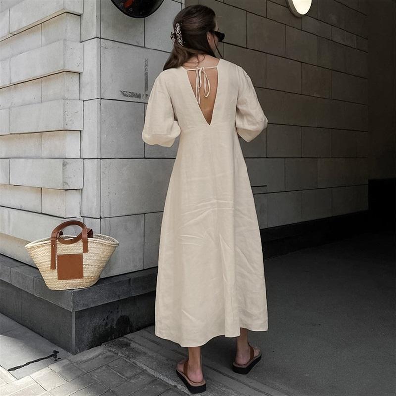 French Style Cotton Linen V Neck Backless Puff Sleeve Dress Spring Summer Long Dress For Women Elegant Casual