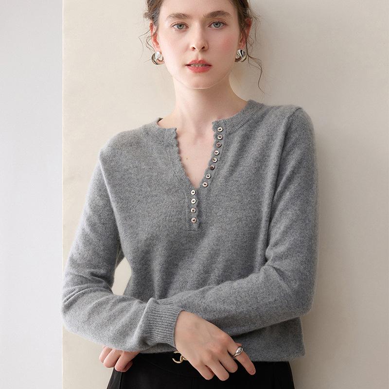 Women's 100% Pure Cashmere Knitwear: Autumn/Winter Half-Open Collar, Multi-Button Base Layer Top