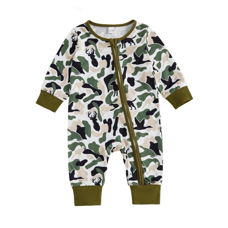 Autumn Baby Boy Girl Romper Camouflage Rooster Floral Print Long Sleeve Zip-up Jumpsuit Cute Infant Toddler Fall Clothes