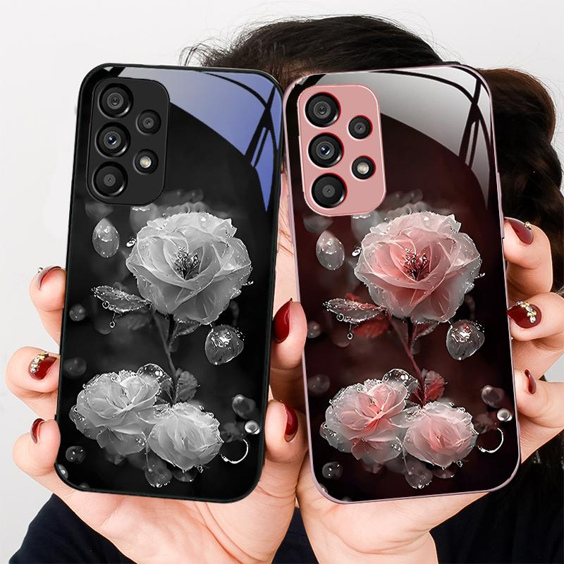 Moisturizing Pink Flower For Samsung Galaxy S23 24 Plus S20 21 FE S25 Ultra A70 72 73 51 52 53 Tempered Glass Phone Case