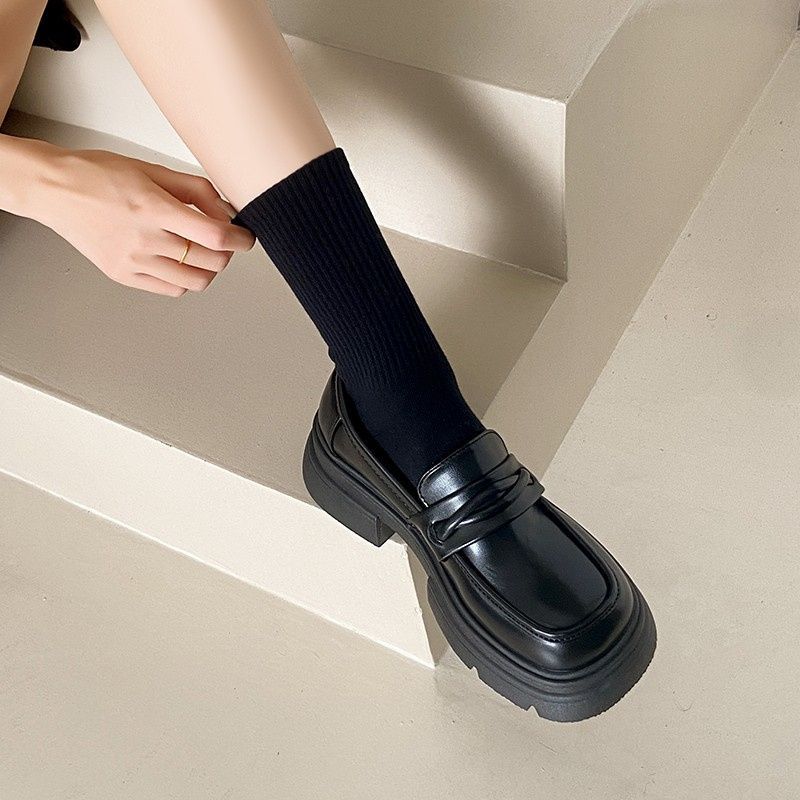 New spring and autumn thick heel one pedal round head versatile retro black platform small leather shoes women