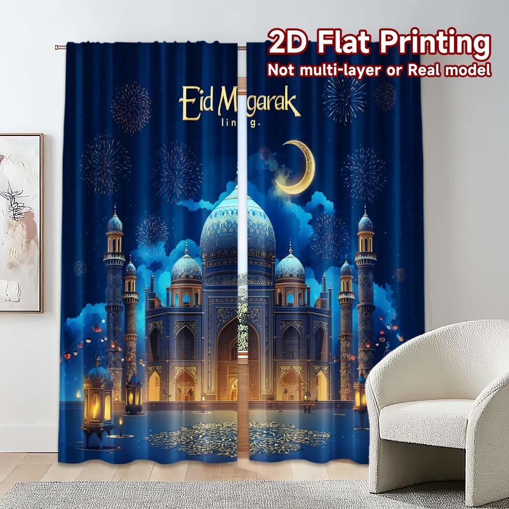 2pcs, 2D FLAT PRINTING Curtains (Without Rod) Eid Celebration Chic Creative Curtains Semi-Sheer Curtains Outdoor Decorations
