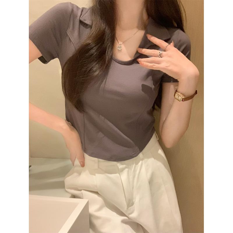 

2026 Spring/Fall Women s Fishbone Polo Collar T-Shirt: 92% Cotton, 8% Spandex, 210g Short-Sleeve L темно-серого