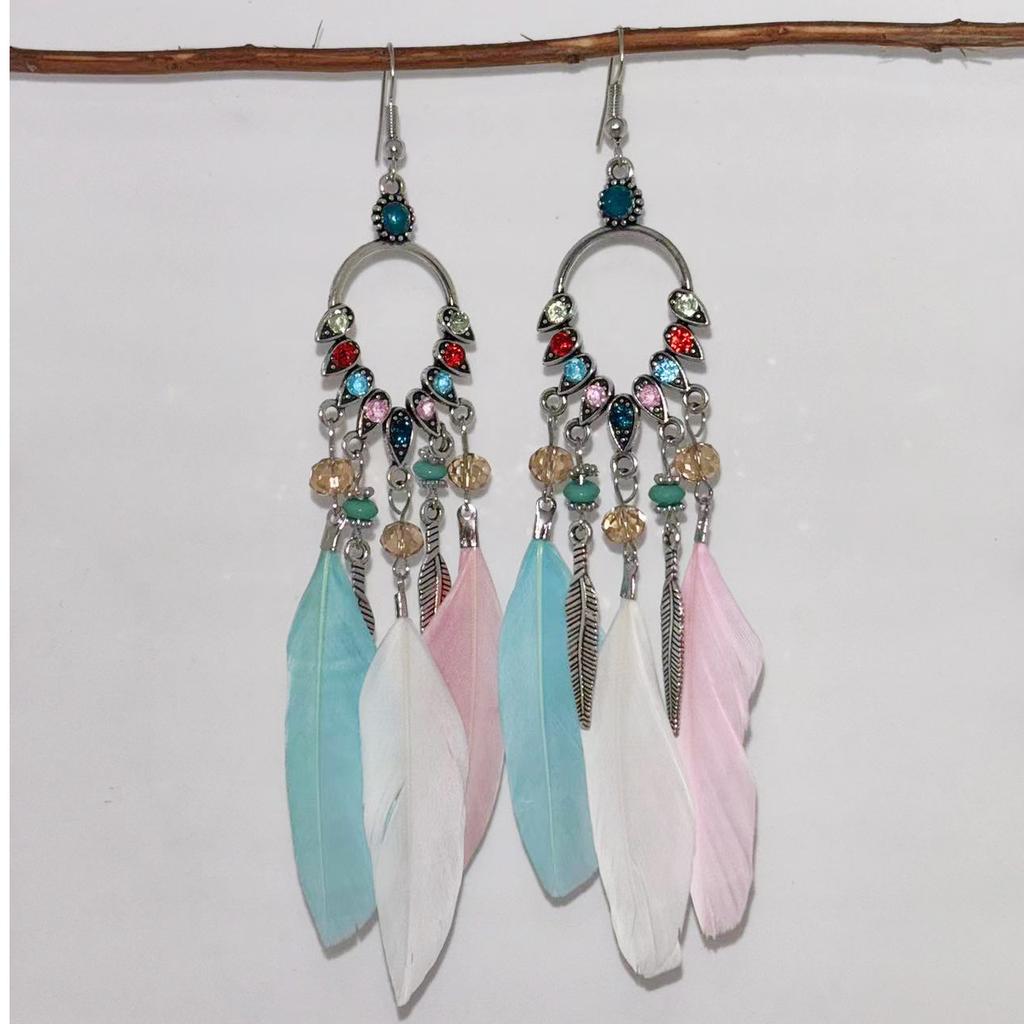 Vintage Bohemian Feather Tassel Earrings Exaggerated Ethnic Vacation Dangle Ear Jewelry Fashion Accessories For Women