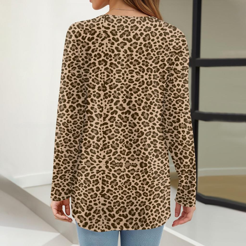 Women's Leopard Print Long Sleeve Casual Tunic Tee Shirt with Neck