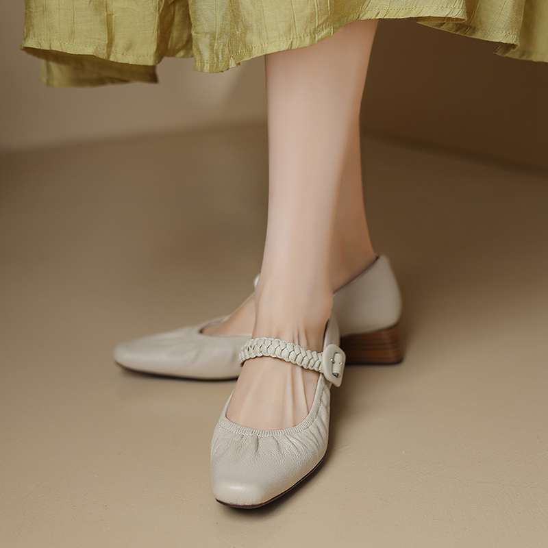 Krazing Pot Sheep Skin Summer Spring Autumn Med Heels Buckle Straps Women Square Toe Shallow Pumps