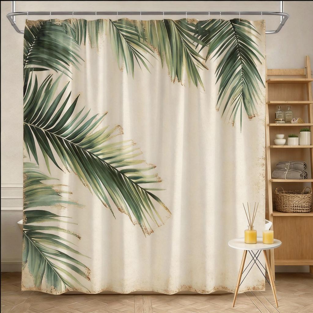 Palm Leaf Shower Curtain 180x180cm – Tropical Green on White, Minimalist Bathroom Decor, 12 Hooks Bath decorative shower curtain