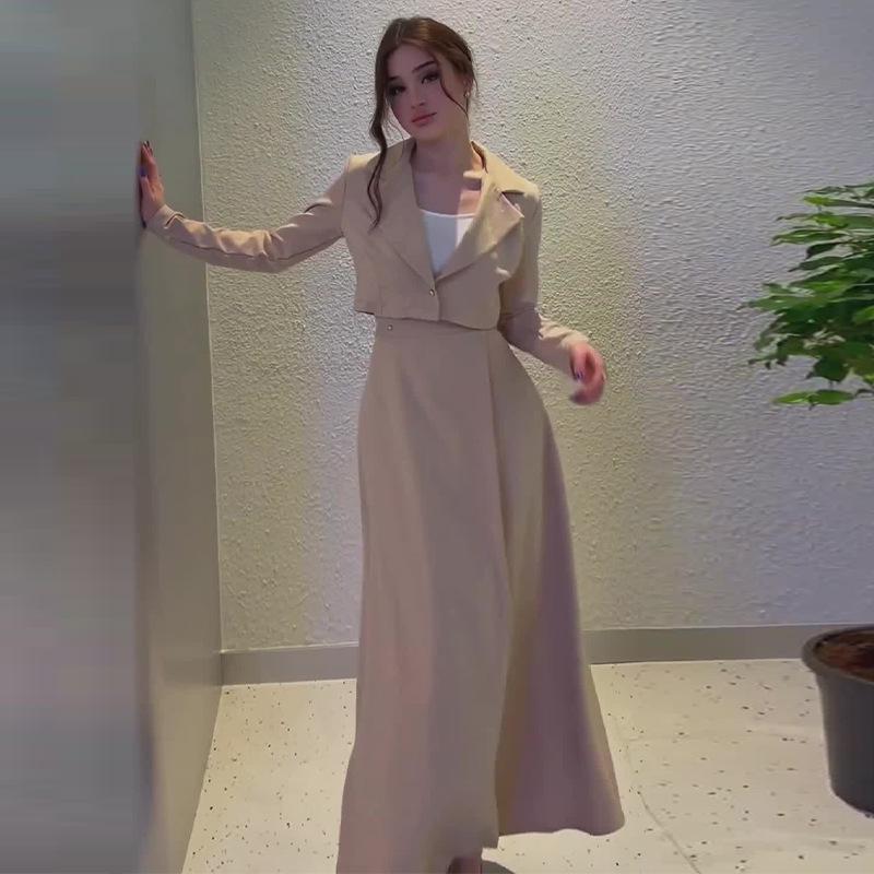 

2024 Осень Женский Однотонный Приталенный Короткий Жакет с Лацканами и Комплект Юбки с Высокой Посадкой S абрикосовый