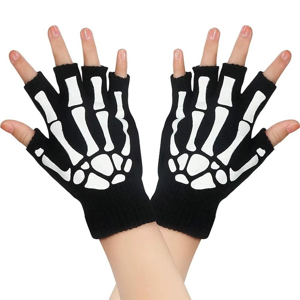 Stretch Punk Skeleton Gloves Black Skull Half Finger Gloves  Halloween Party