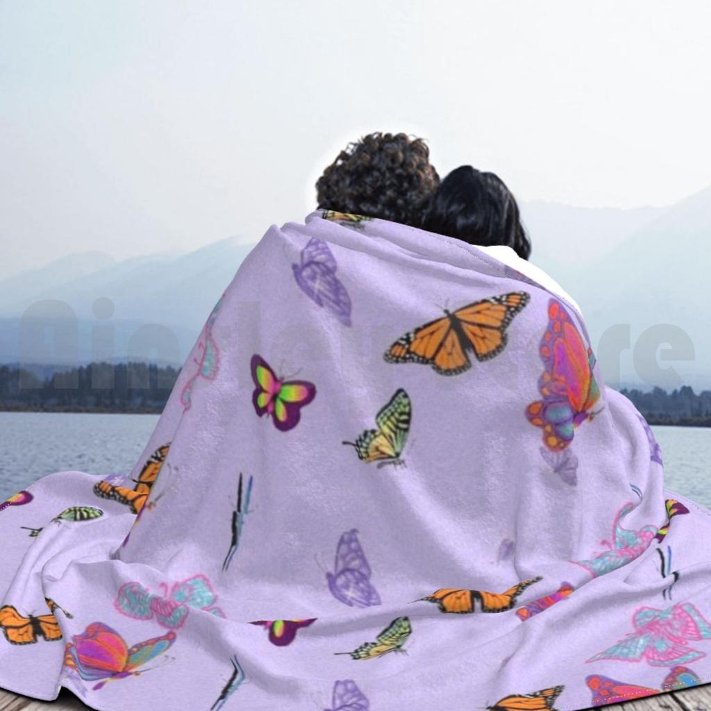Multicoloured Butterflies Blanket For Sofa Bed Travel Multicoloured Butterflies Pastel Pattern Cute Puprle