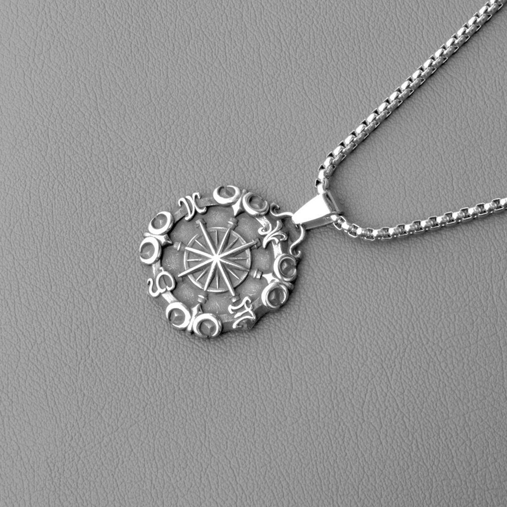 Vintage Sailboat Anchor Necklace, Paired With Punk Style Men'S Necklace, Compass And Rudder Pendant.