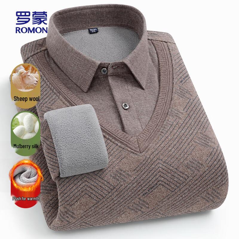 ROMON Men's Fleece-Lined Wool Blend Knit Shirt Collar Sweater