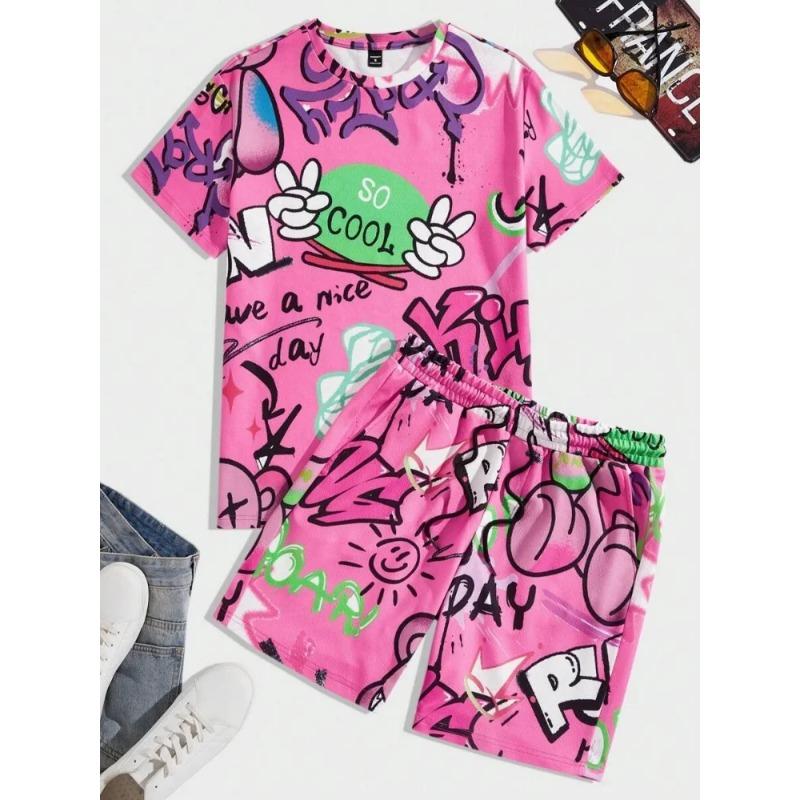 2026 Summer New Men s Short-Sleeved Set with 3D Heart Pattern Print for Street Casual XXS