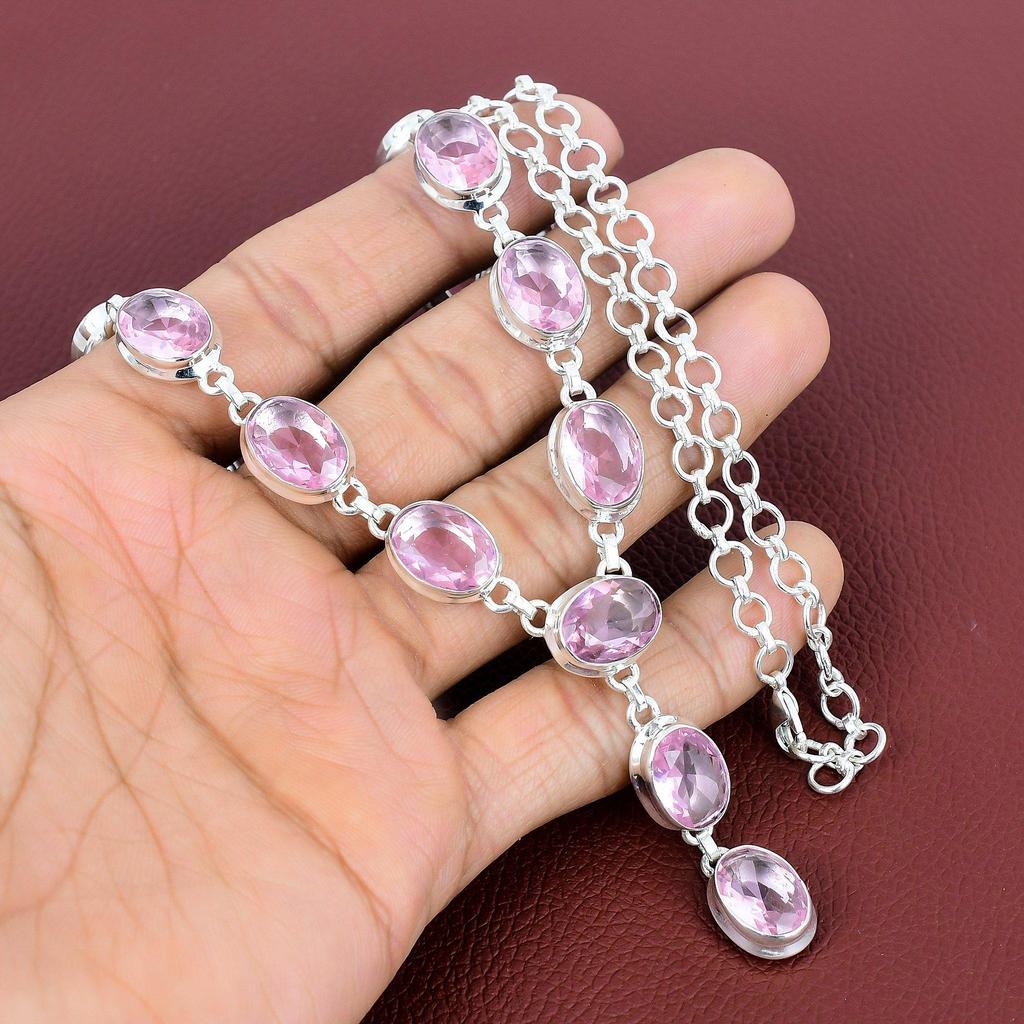 Faceted Pink Kunzite Necklace 925 Sterling Silver Necklace Adjustable Chain Handmade Necklace Top Quality Gemstone Jewelry Anniversary Gifts