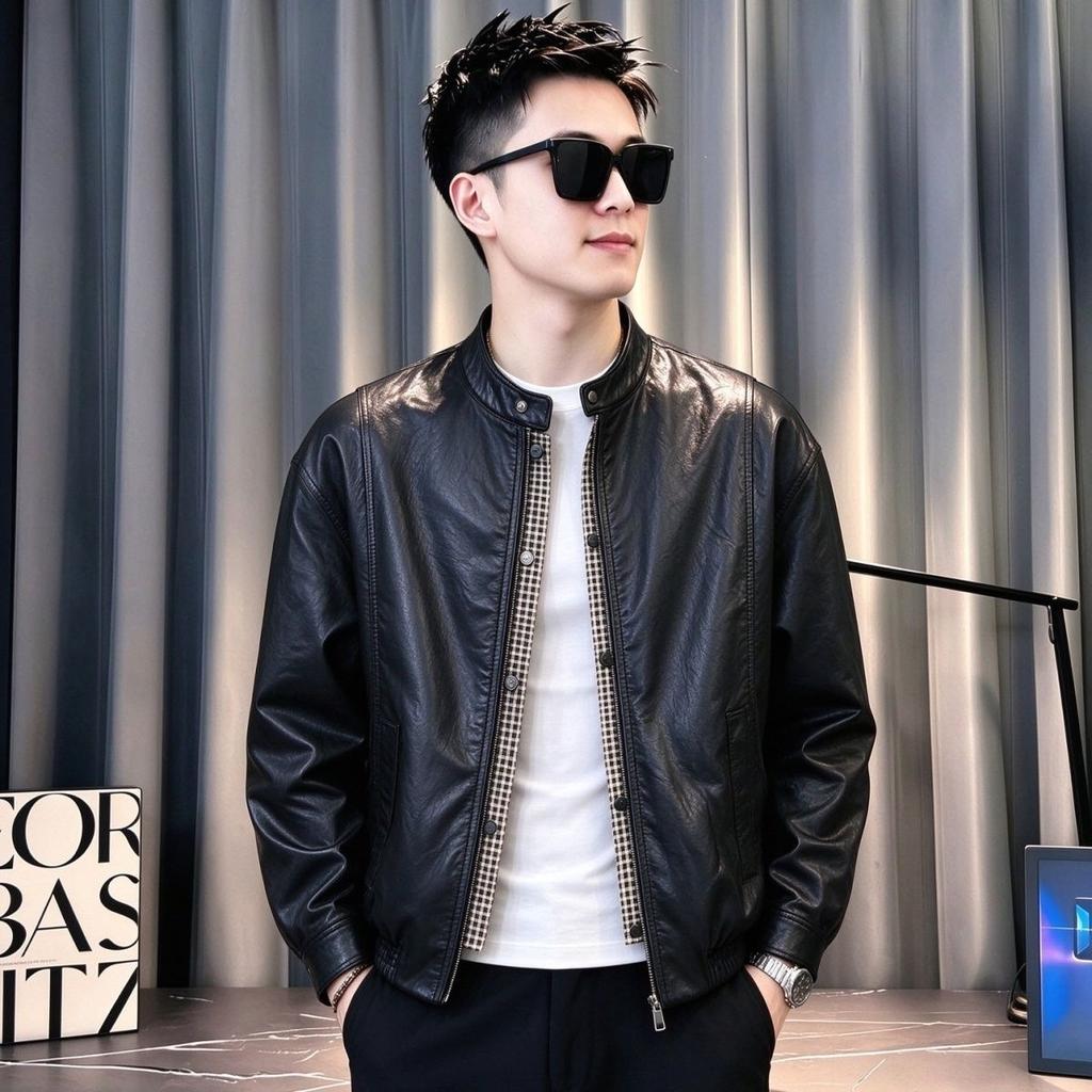 Spring and autumn American round neck fake two trendy brand leather jacket new jacket ruffian handsome popular casual