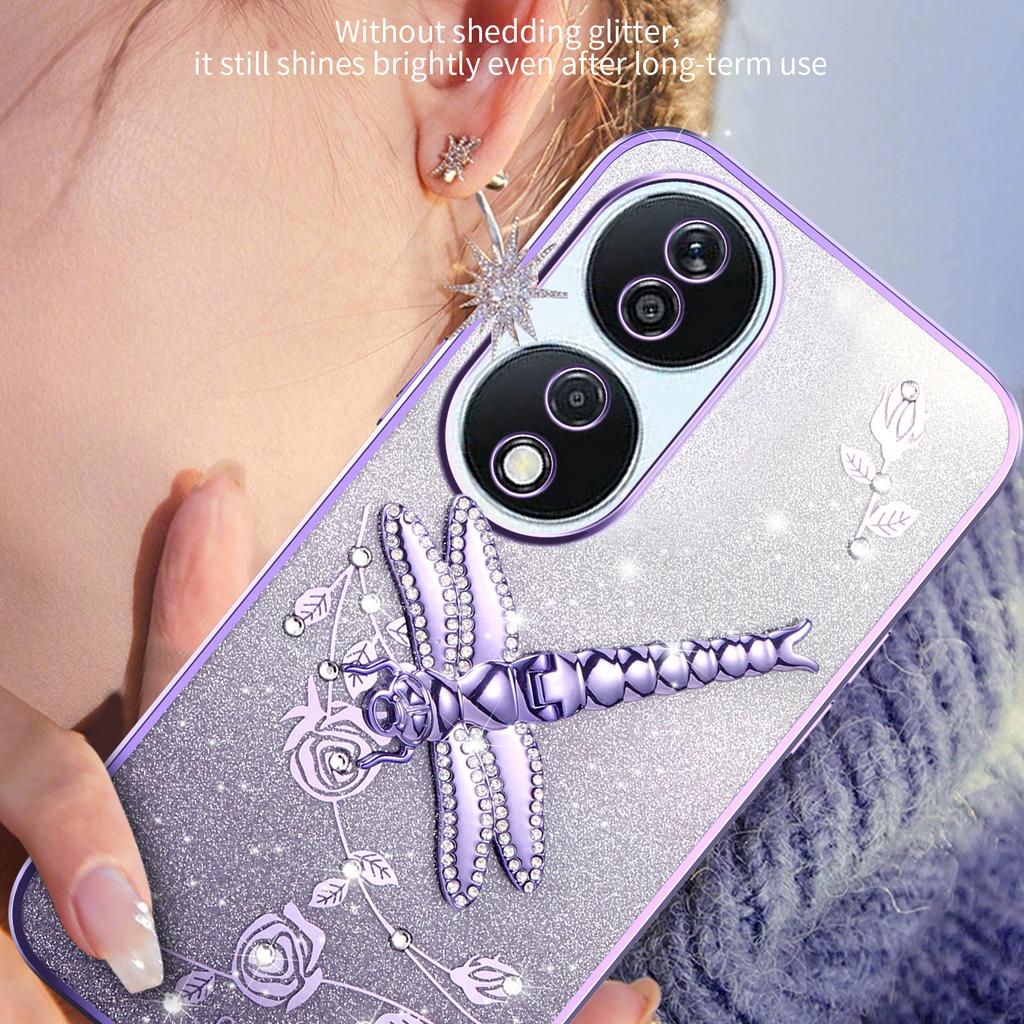 KADEM For Honor X7b 4G/90 Smart Case Dragonfly Kickstand TPU Flowers Glitter Phone Cover