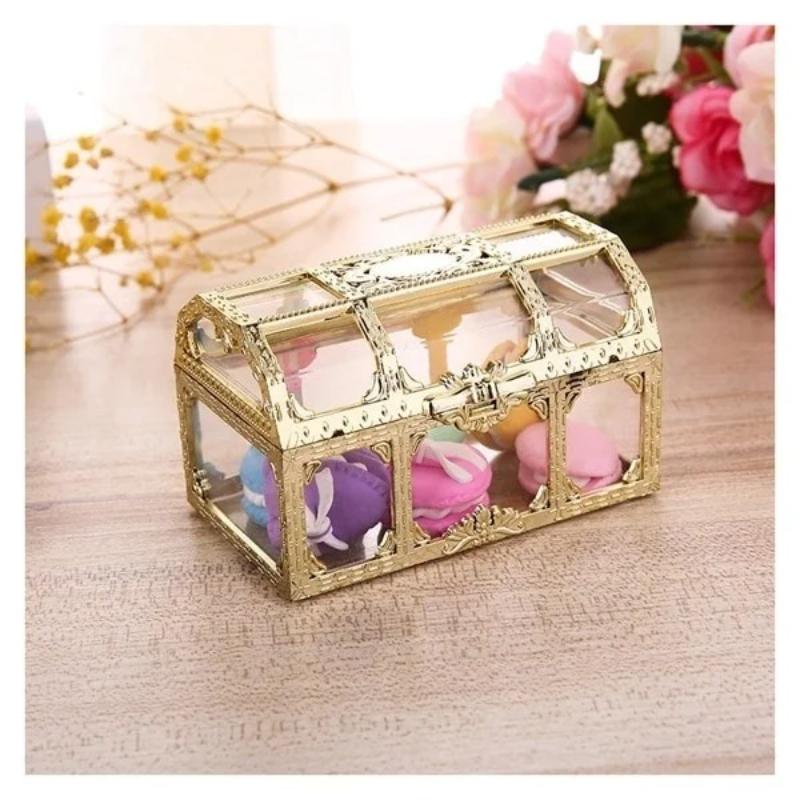 2Pcs Hollow Out Mini Treasure Chest Plastic Casket Transparent Storage Box Crystal Gem Candy Jewelry Organizer for Party