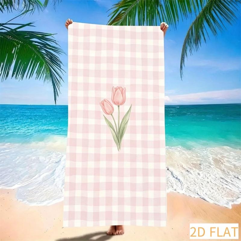 Absorbent Quick Dry Microfiber Beach Towel - Yellow Checkered With Floral Print, Lightweight Sand-Free Blanket For Picnic