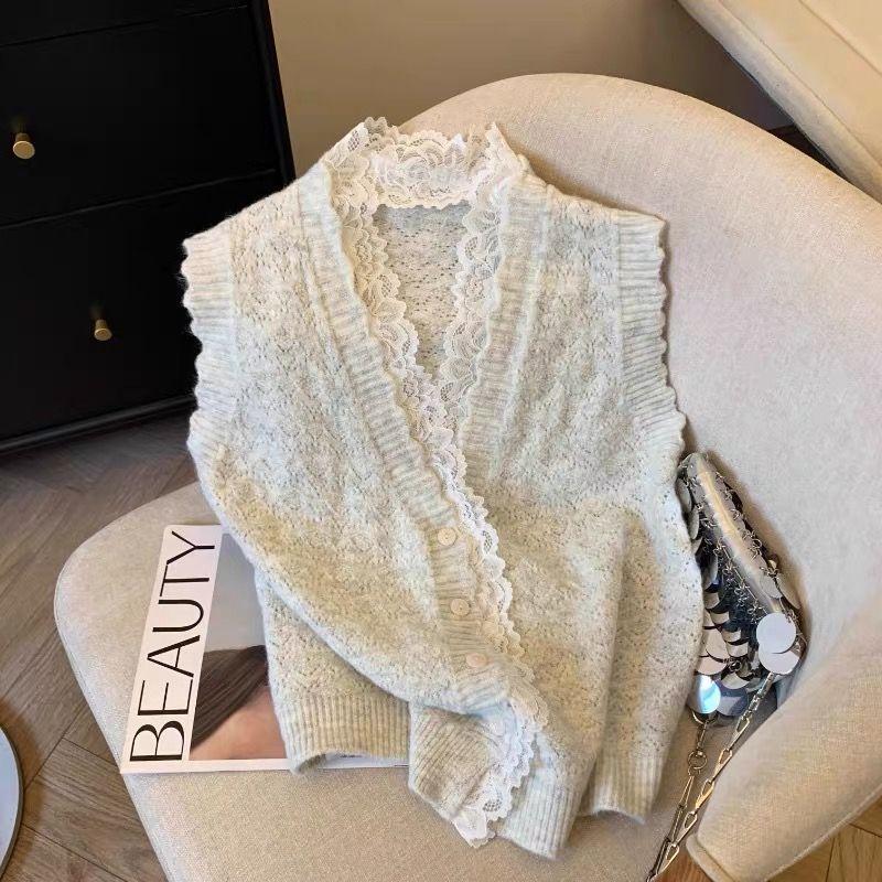 

Кружевная отделка, лоскутный свитер-жилет, весенне-осенний кардиган, вязаный жилет, безрукавная жилетка, пальто, топ, короткий стиль 2XL