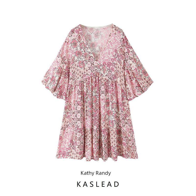Kaslead New Arrival Women's Clothing Fashion Style Fashion Minimalist Casual Puff Sleeves Print Dress 5029096