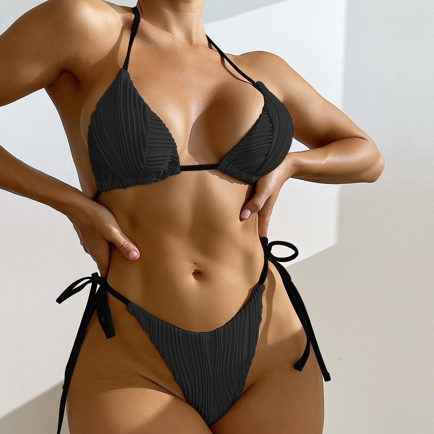 

Женский купальник треугольный сексуальный сплошной цвет на шнуровке Купальники Холтер Бикини Наборы L чёрный