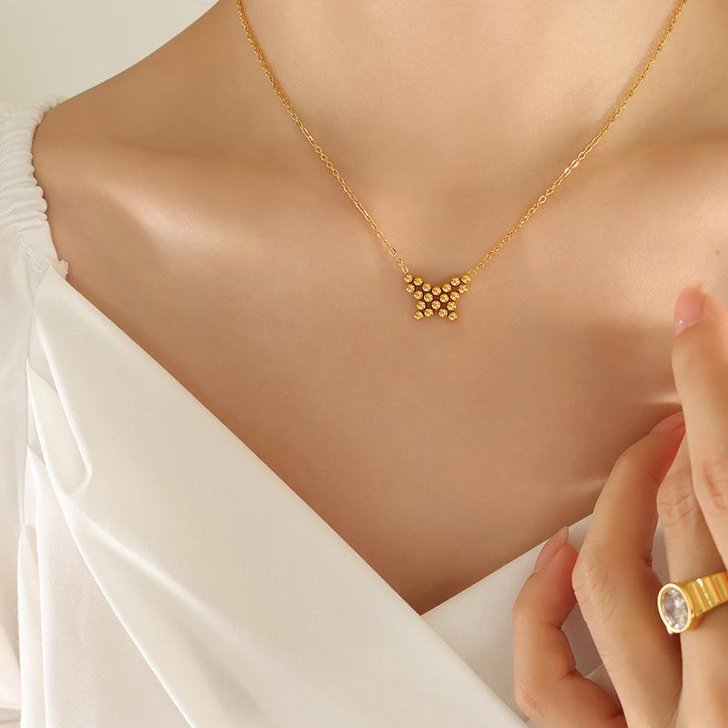 Niche Design Butterfly Pendant Necklace & Earrings Set in Gold-Plated Titanium Steel with Small Steel Beads