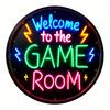 Hisun Blechschild Vintage Willkommen im Spielzimmer Neoneffekt Rundes Metallblechschild Retro Gamer Man Cave Wanddekoration Kunstplakette