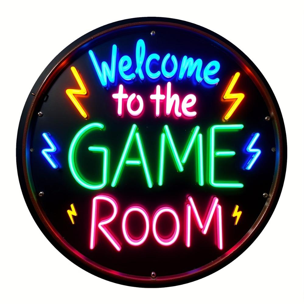 Hisun Blechschild Vintage Willkommen im Spielzimmer Neoneffekt Rundes Metallblechschild Retro Gamer Man Cave Wanddekoration Kunstplakette