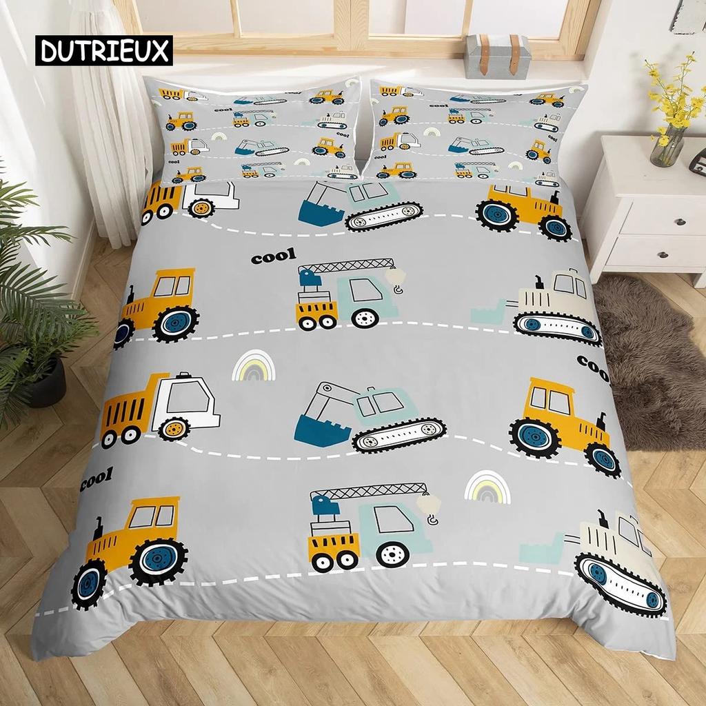 Kids Equipment Trucks Duvet Cover King Boys Cartoon Car Bedding Set Construction Highway Comforter Cover Set