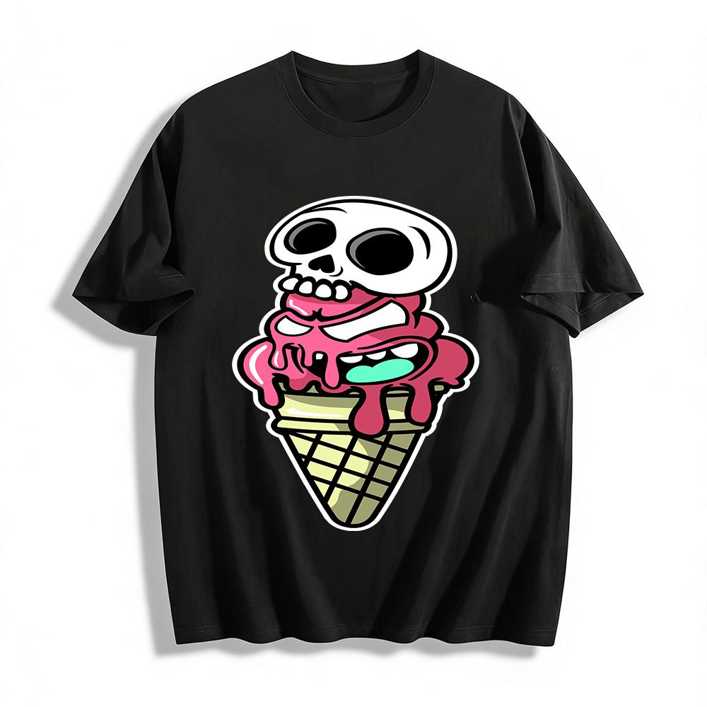 Skull Ice Cream Cone Graphic Print Casual Short Sleeve Tee Pure cotton T-shirt XXS