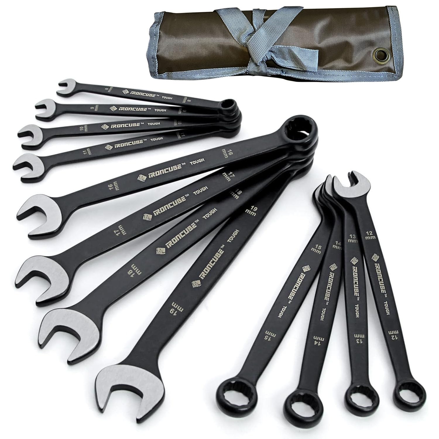 

IRONCUBE Combination Wrench Tough with Waxed Canvas Storage for Motorcycle Maintenance Set, 12-piece, 8-19mm, CR-V Material, Black, Bag, чёрный