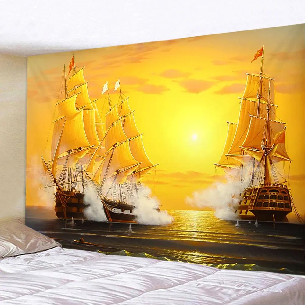 Beautiful Sea Sunset Nautical Tapestry Hippie Retro Pirate Ship Rune Skull Wall Hanging Psychedelic Home Room Decoration