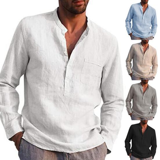 

Мужская рубашка, однотонная рубашка с воротником-стойкой и пуговицами, повседневный весенний топ для повседневного ношения