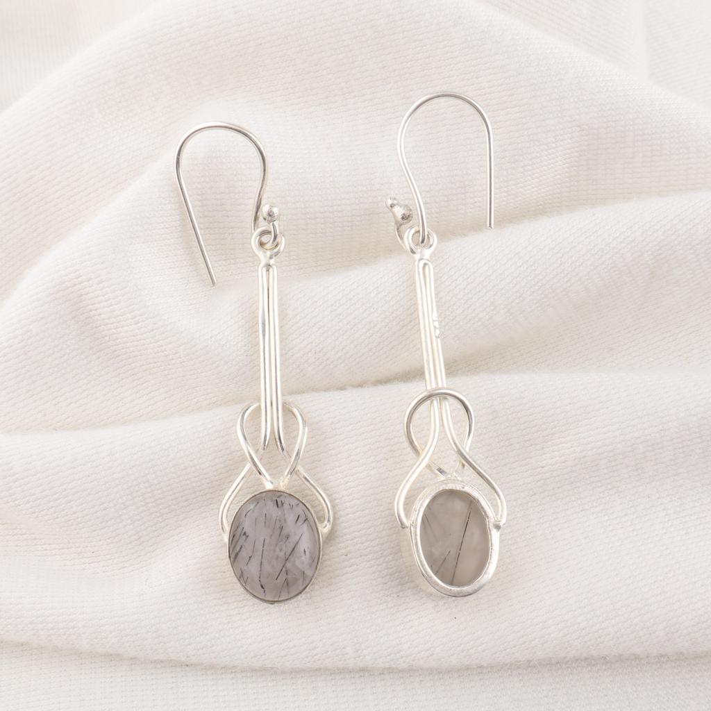 Black Rutile Earrings, Handmade Gemstone Earrings, 925 Solid Sterling Silver Earrings Antique Jewelry, For Anniversary Gift
