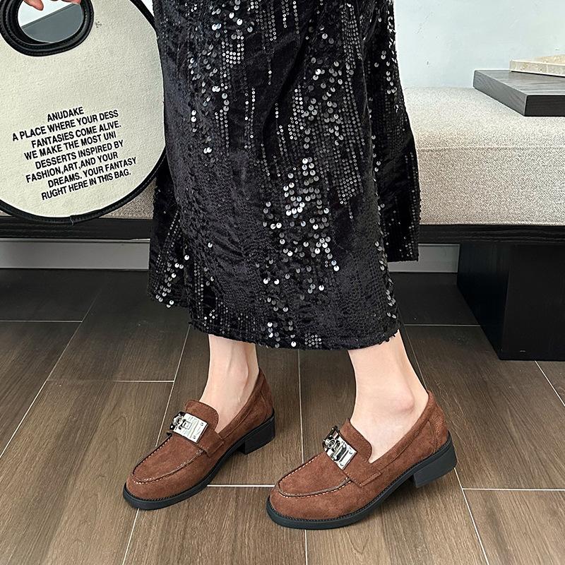 Large size one-pedal lock loafers women's 2025 British style round head suede small leather shoes high heels light and comfortable