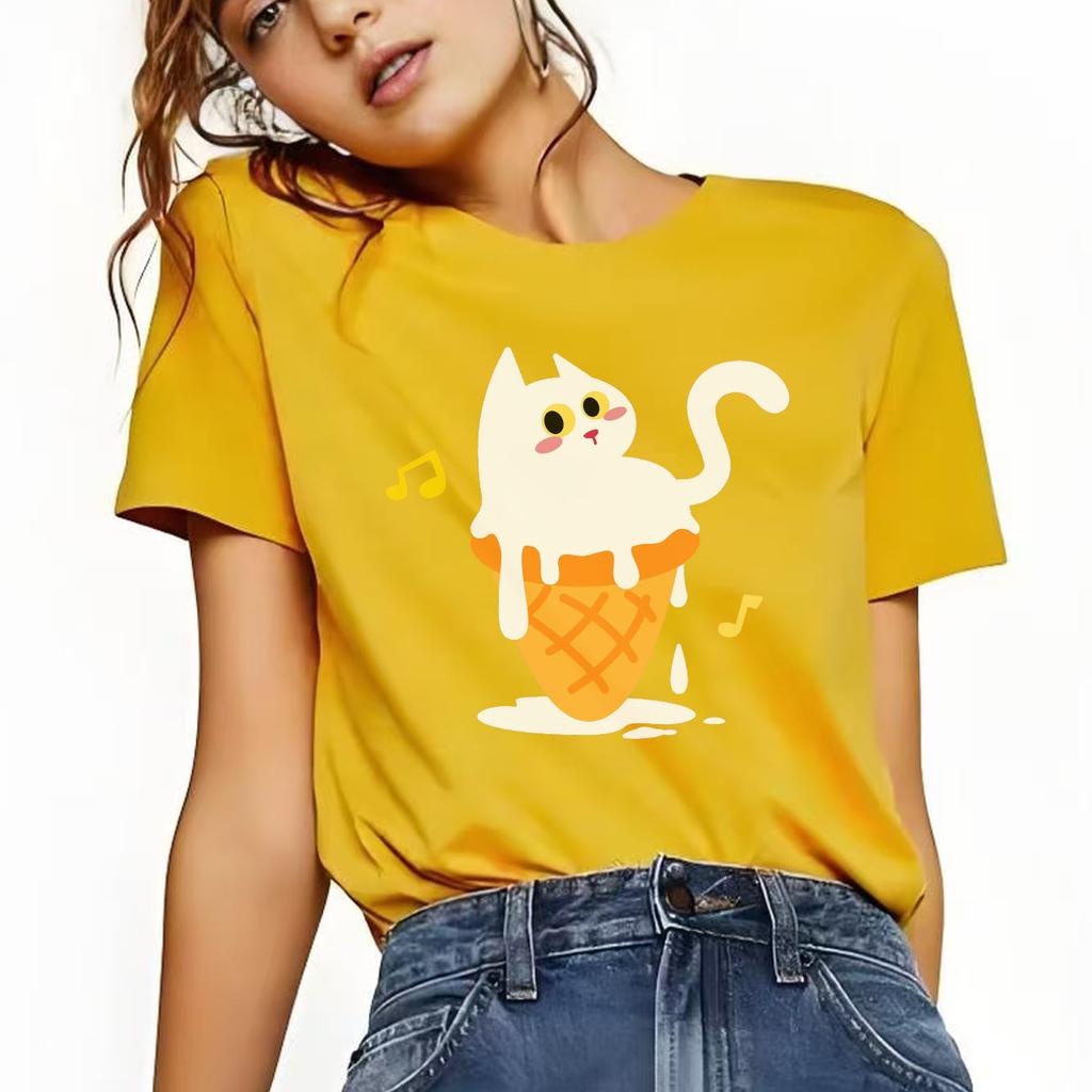 Cute ice cream white cat cartoon print pattern short sleeved round neck daily versatile Womens Tshirt
