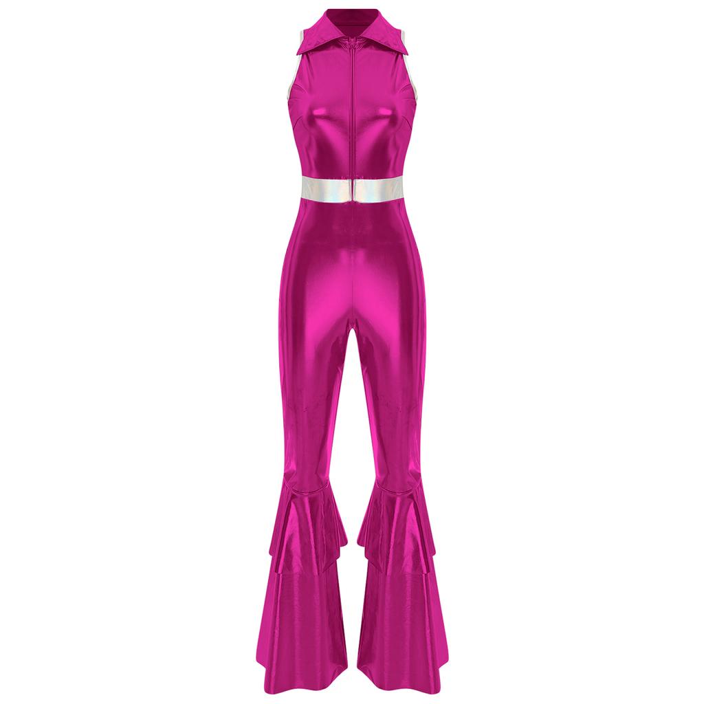 Women Shiny Metallic 70s Disco Costume Lapel Collar Sleeveless High Waist Flared Jumpsuit Disco Dance Outfit